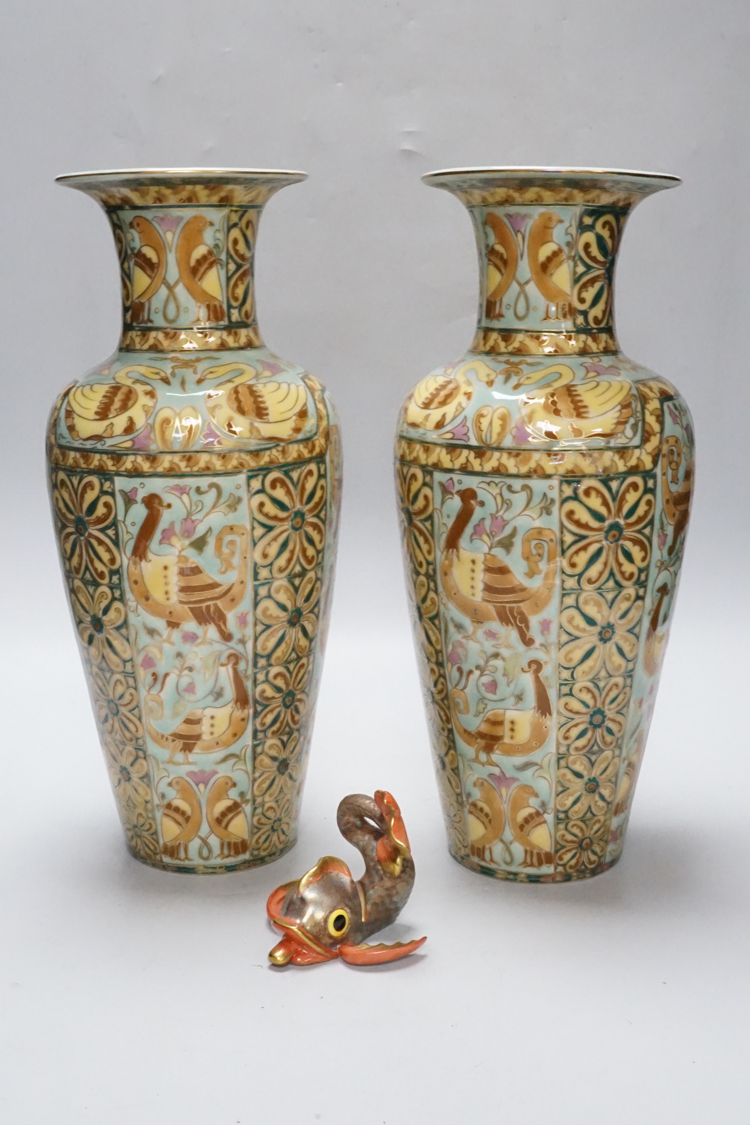 A pair of Zsolnay vases and a small Herend fish, vases 34cm high (3)